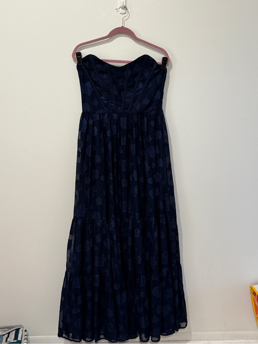 Lulus Gracefully Elegant Burnout Floral Bustier Maxi Dress Size L Navy